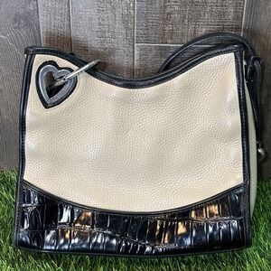 Vintage Brighton Leather Shoulder Bag Black Cream Heart Accent Style 440-5423